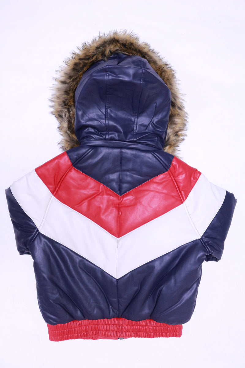 DAKOMA Women Colorblock Leather Jacket W/Fur Hood (Navy/Red/White)