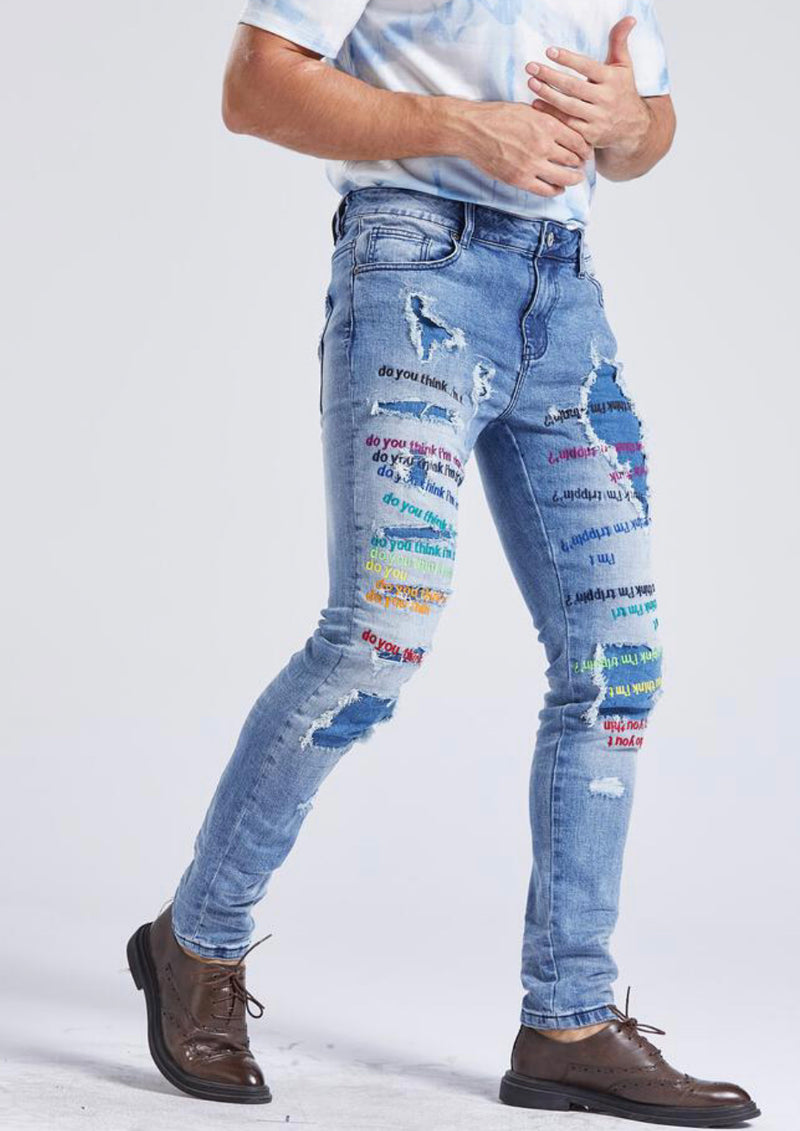 Foreign LocaL Slim Skinny Multicolor Embroidered Jean (Blue)