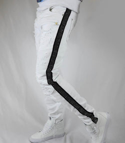 Preme Denim Rhinestone Striped Jeans (White)