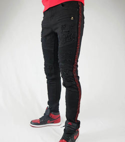 Preme Denim Rhinestone Striped Jeans (Black/Red Stone)