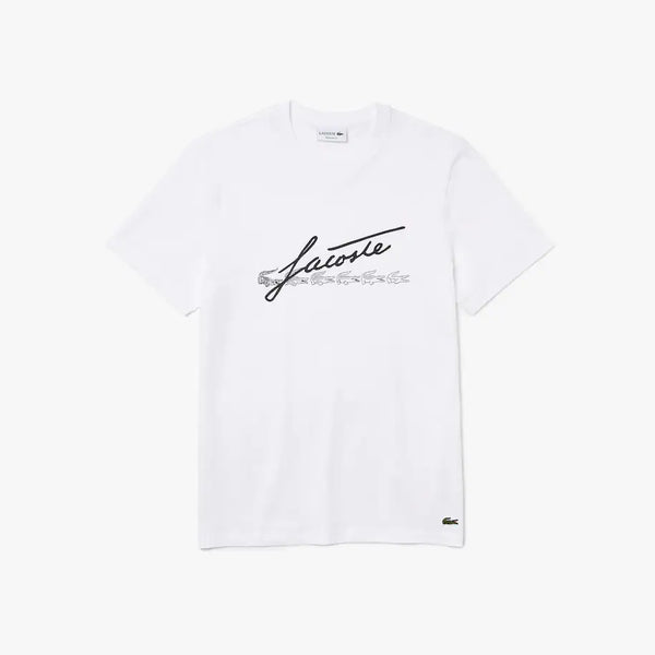 Lacoste Men's Signature And Crocodile Print Crew Neck Cotton T-Shirt (WHITE)