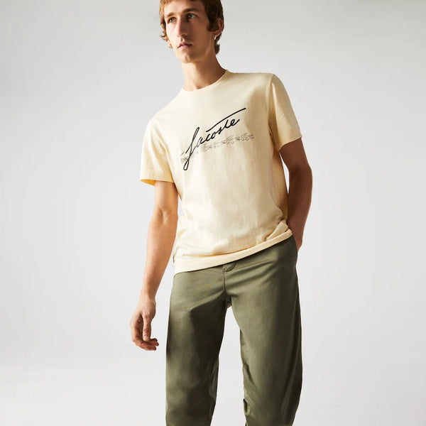 Lacoste Men's Signature And Crocodile Print Crew Neck Cotton T-Shirt (LT TAN)