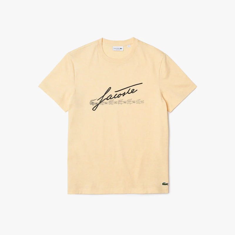 Lacoste Men's Signature And Crocodile Print Crew Neck Cotton T-Shirt (LT TAN)