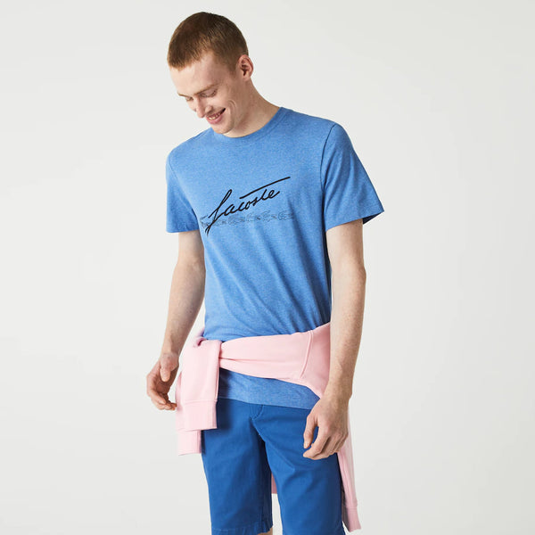 Lacoste Men's Signature And Crocodile Print Crew Neck Cotton T-Shirt (Blue Chine)