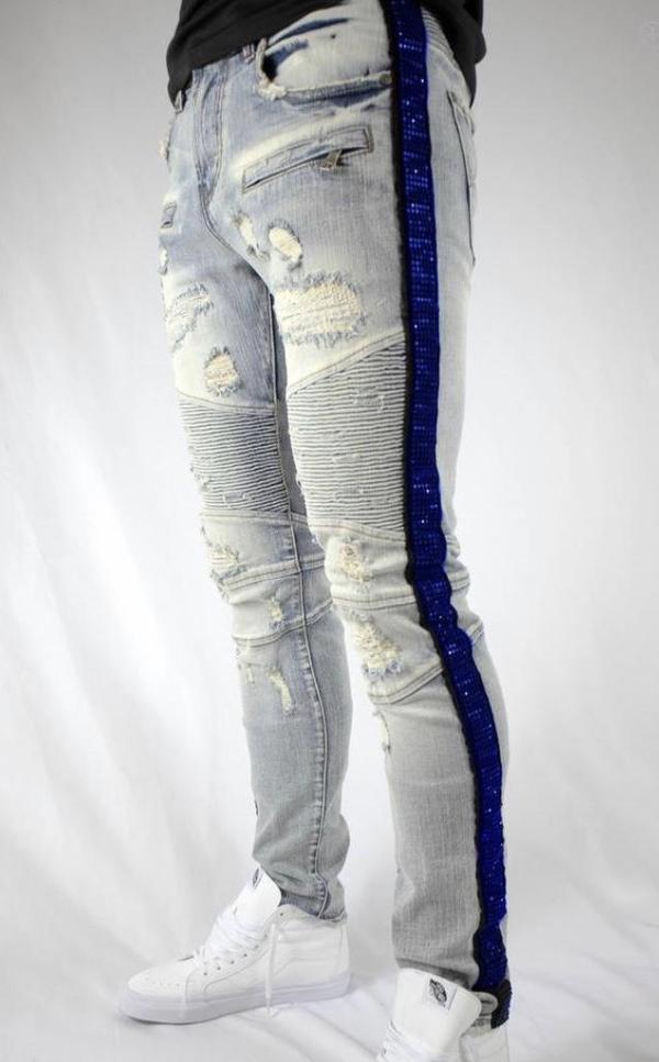 Preme Denim Rhinestone Striped Blue Jeans (Royal)